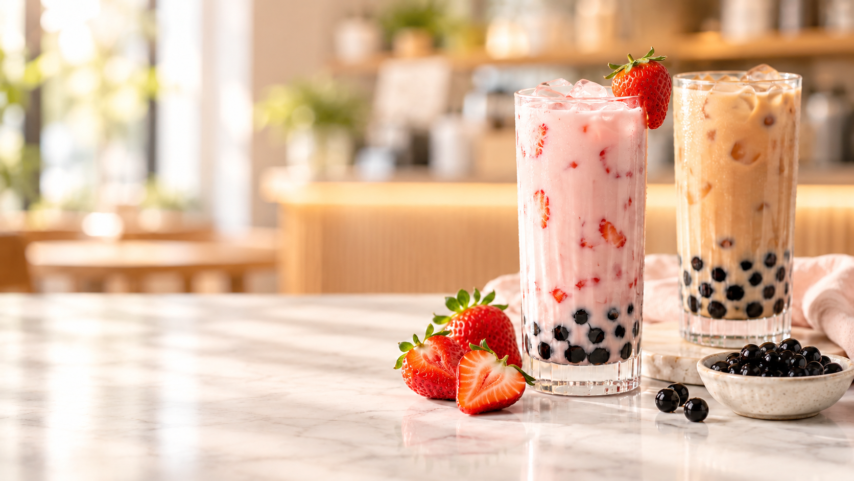 Strawberry milk tea and classic milk tea with tapioca pearls